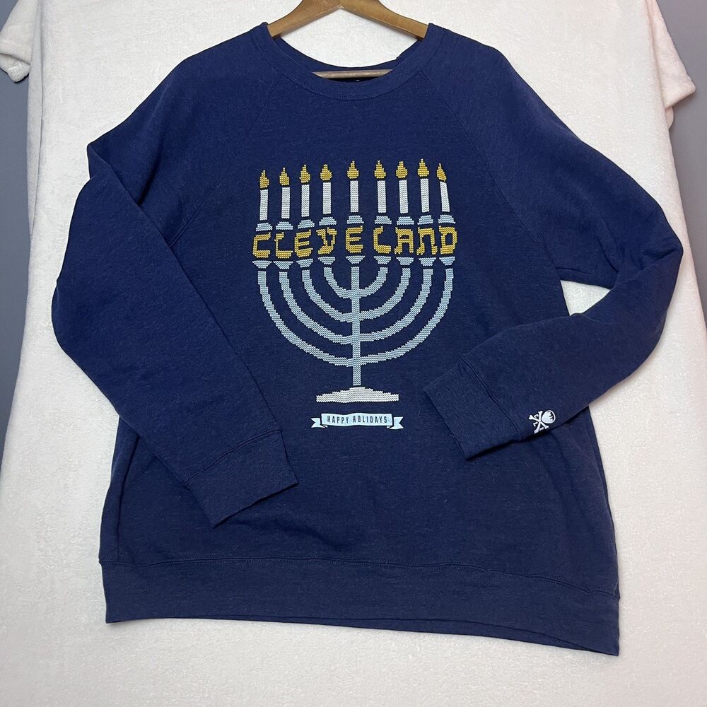 Cleveland Clothing Co Hanukkah Sweatshirt XL Menorah Ugly Holiday Sweater Navy